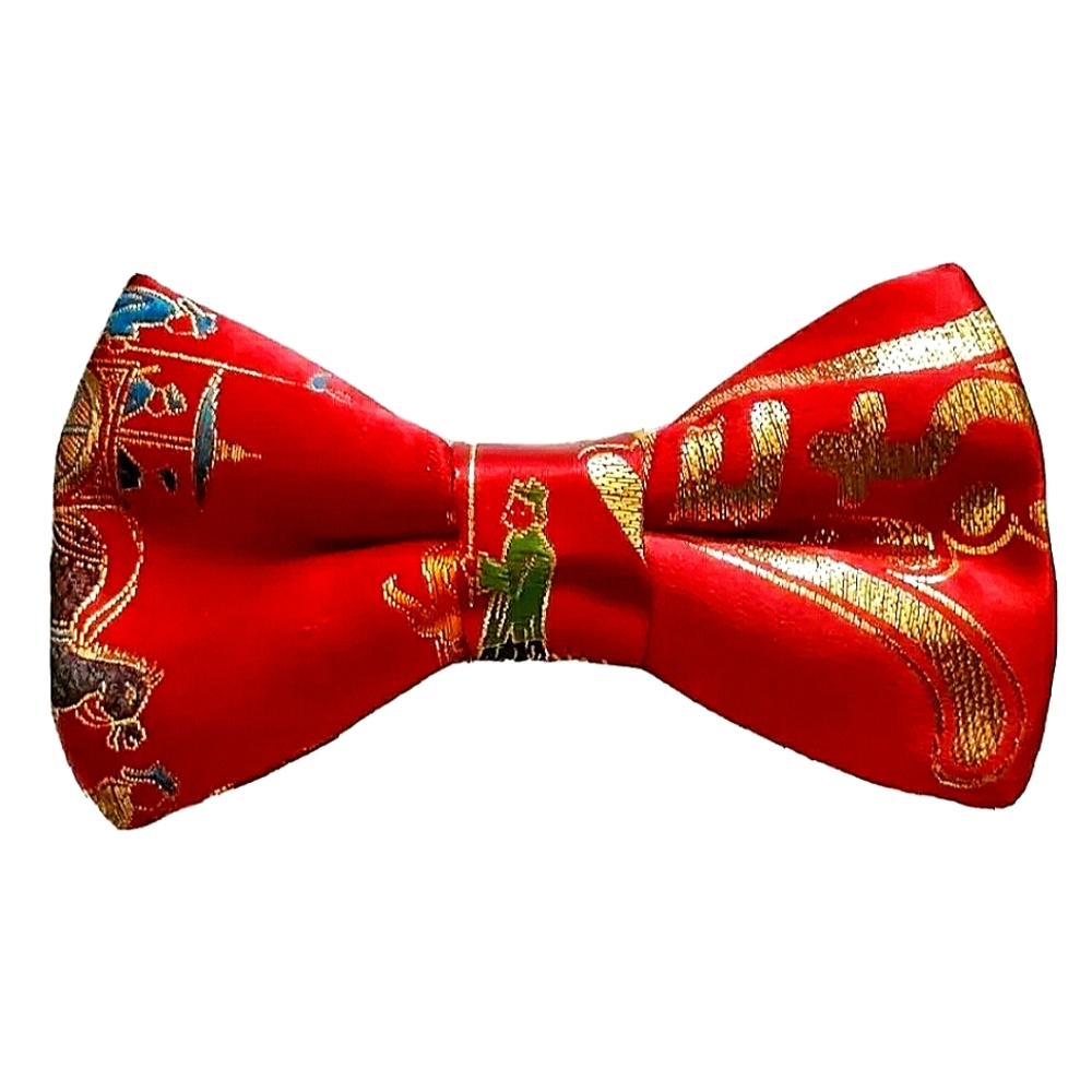 NEW Silk Brocade Bowtie! Pre-tied. Handmade. 4.5" x 2.5". Red/Gold. Unisex